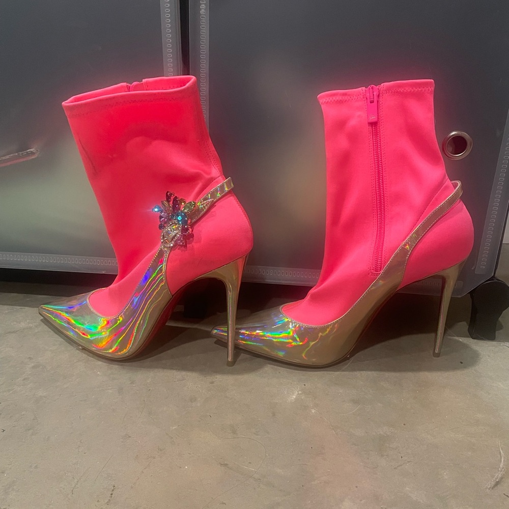 Christian Louboutin Neon Pink Holographic Pointed Stiletto Ankle Boots